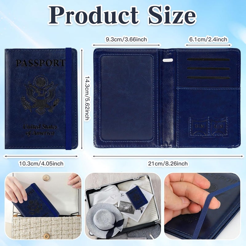 RHOttbiy Passport Holder for Travel, RFID Blocking Passport Cover with Pen Holder Leather Passport Wallet Case Travel Must Haves Accessories Passport Book Card Holder for Family Travel Essentials, Dark Blue - Image 3